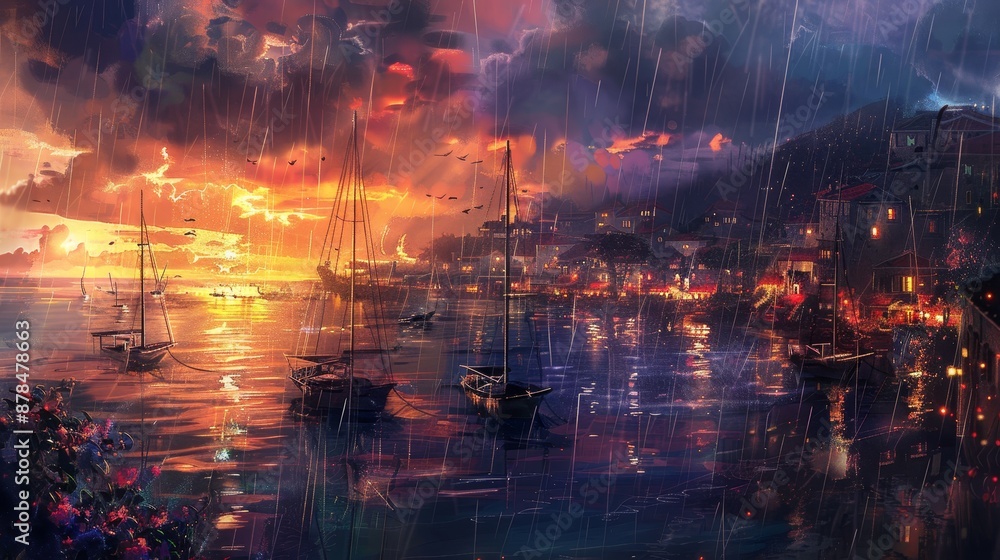 A painting of a city with boats on the water and a sunset in the background generated by AI A painting of a city with boats on the water and a sunset in the background generated by AI
