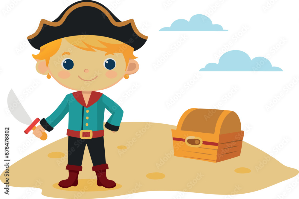 Cartoon pirate kid standing on island with treasure chest and sword in hand Cartoon pirate kid standing on island with treasure chest and sword in hand