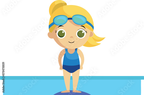 Cute cartoon girl standing by a swimming pool ready to swim