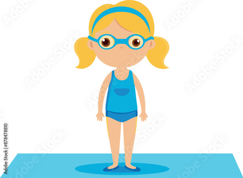 Cartoon illustration of a young girl in a blue swimsuit and goggles