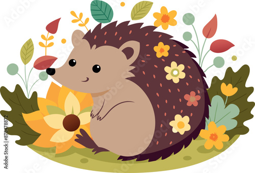 Cute illustration of a hedgehog surrounded by colorful flowers and leaves