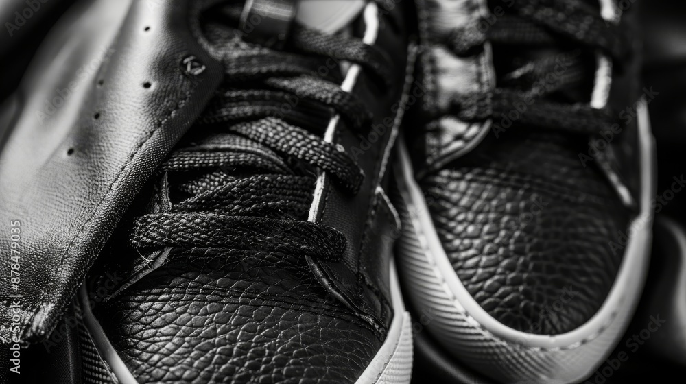 Black Leather Sports Shoes: Close-Up Minimalist Style - Comfortable Casual Footwear Banner with Copy Space Black Leather Sports Shoes: Close-Up Minimalist Style - Comfortable Casual Footwear Banner with Copy Space