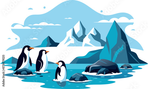 Illustration of penguins on an icy landscape with mountains and ocean