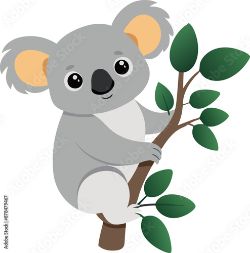 Adorable cartoon koala hanging on a tree branch with cute expression