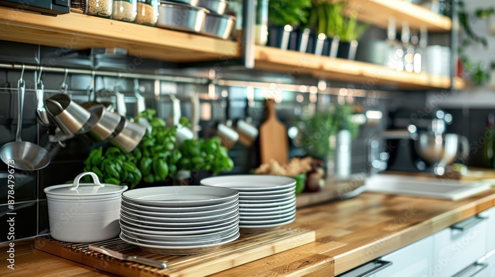 Organized Kitchen Space, Neatly arranged kitchen utensils, Clean and modern. Organized Kitchen Space, Neatly arranged kitchen utensils, Clean and modern.