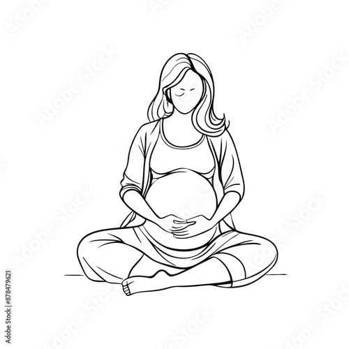 a pregnant woman sitting cross legged, line art vector illustration