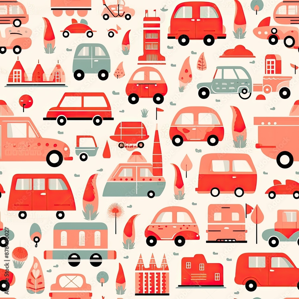 Colorful Seamless Pattern with Red Cars, Buildings and Nature. Colorful Seamless Pattern with Red Cars, Buildings and Nature.