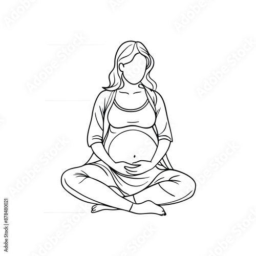 a pregnant woman sitting cross legged, line art vector illustration