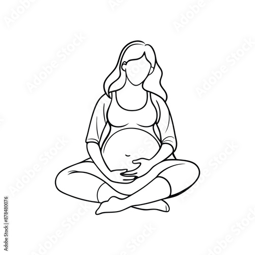 a pregnant woman sitting cross legged, line art vector illustration