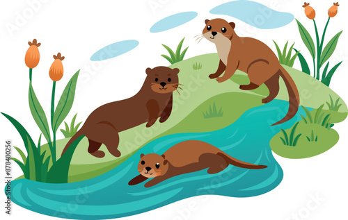 Illustration of playful otters in a river with lush plants
