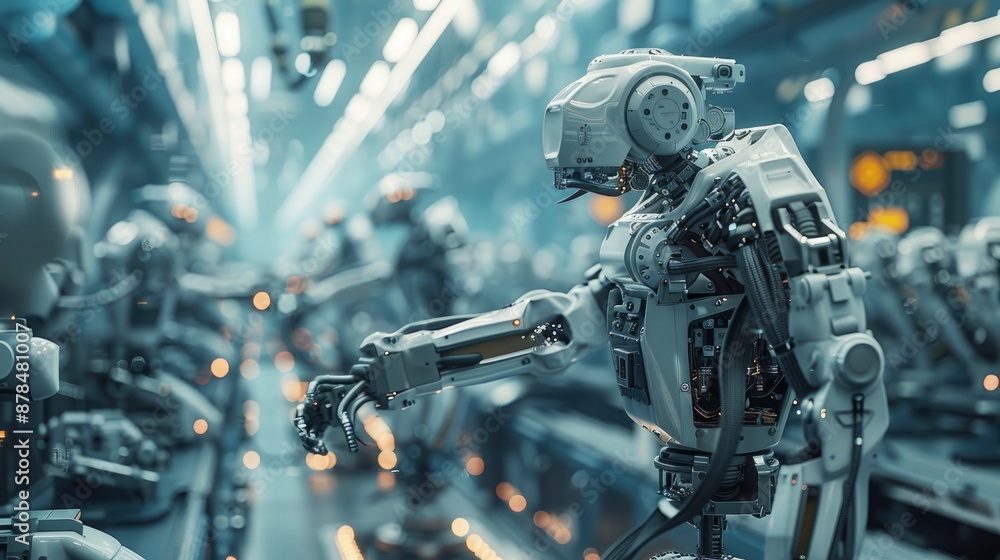 Fototapeta premium A factory with advanced robotic systems performing synchronized assembly operations.