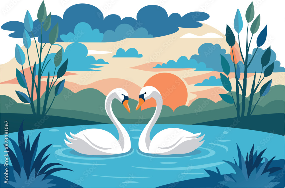 Obraz premium Illustration of two swans in a lake with a beautiful sunset background