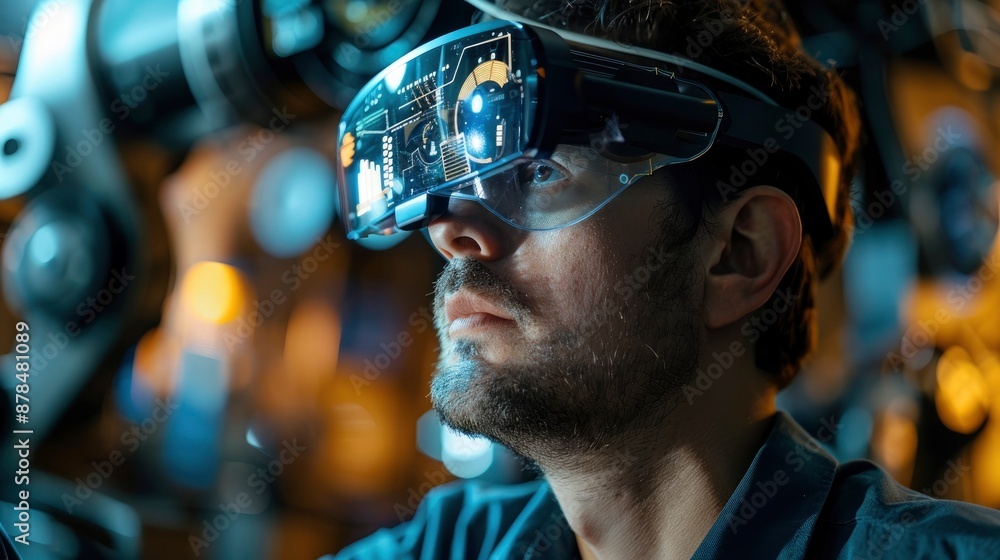 An engineer utilizing augmented reality to enhance robotic programming and visualization. An engineer utilizing augmented reality to enhance robotic programming and visualization.
