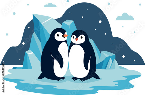 Cute cartoon penguins standing on icy landscape with snowy mountain and clouded sky