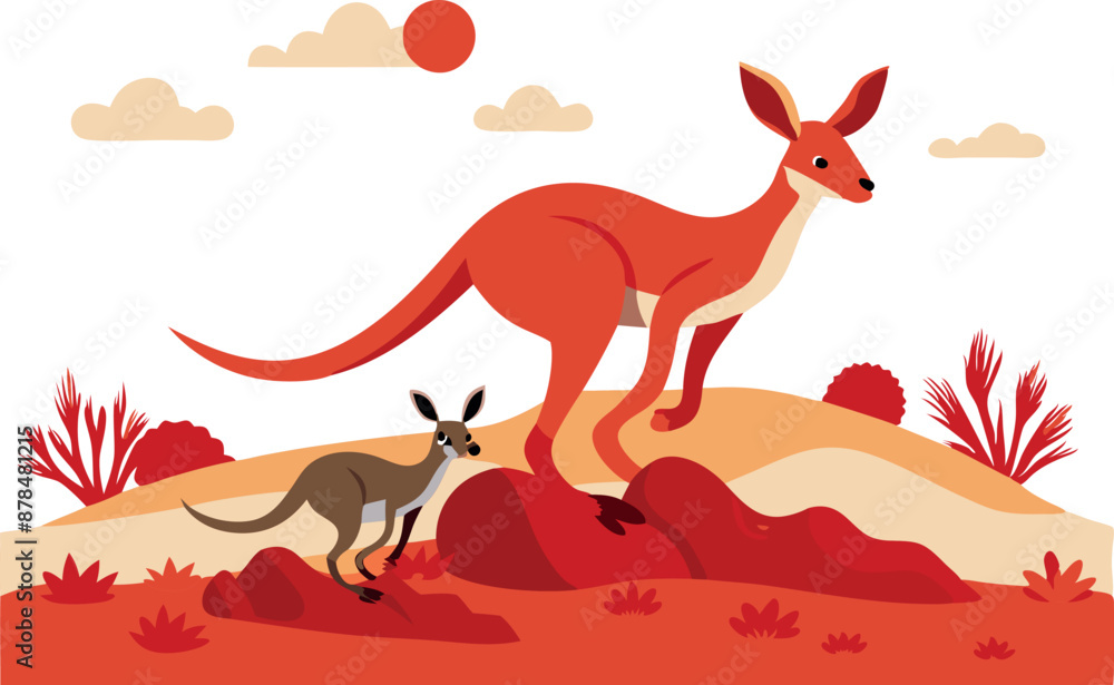 Illustration of a kangaroo and its joey in the Australian outback under the sun Illustration of a kangaroo and its joey in the Australian outback under the sun