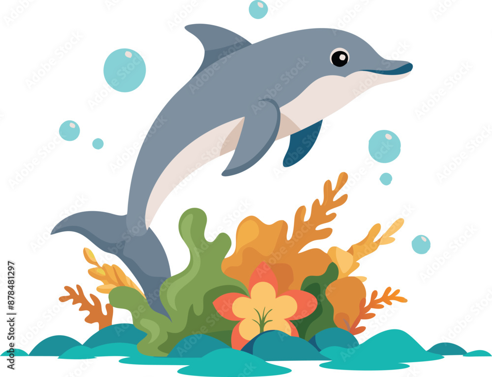 Fototapeta premium Colorful illustration of a dolphin swimming above vibrant underwater coral reef with bubbles