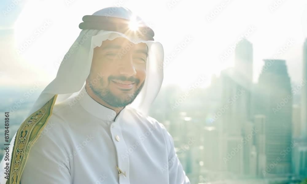 A smiling man in traditional Middle Eastern attire, with a cityscape of modern skyscrapers in the background A smiling man in traditional Middle Eastern attire, with a cityscape of modern skyscrapers in the background