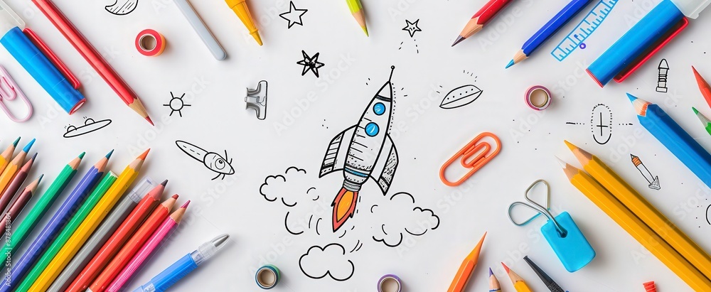 A drawing of a rocket is surrounded by a variety of colored pencils and pens A drawing of a rocket is surrounded by a variety of colored pencils and pens