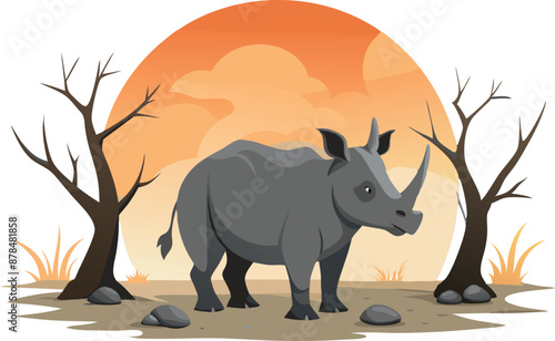 Illustration of a rhinoceros standing in a dry landscape with bare trees at sunset photo