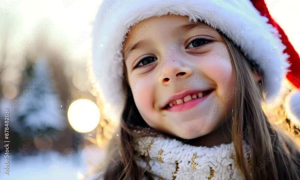 A close-up of a young girl wearing a Santa hat, smiling brightly, with a blurred outdoor background A close-up of a young girl wearing a Santa hat, smiling brightly, with a blurred outdoor background