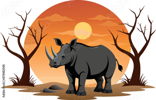 Illustration of a rhinoceros at sunset in a dry savannah landscape with barren trees