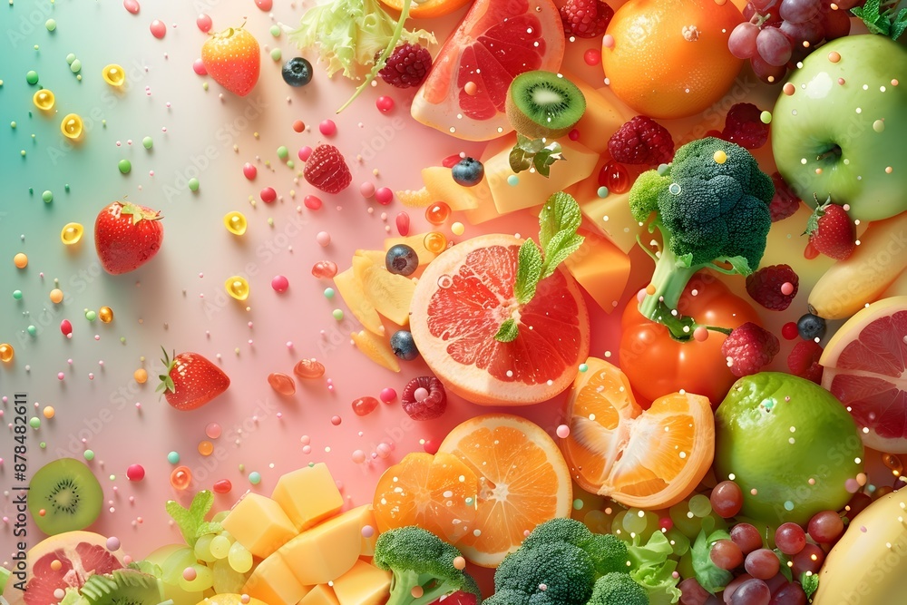 Vibrant Assortment of Nutrient-Rich Fruits and Vegetables in Dynamic Composition Vibrant Assortment of Nutrient-Rich Fruits and Vegetables in Dynamic Composition