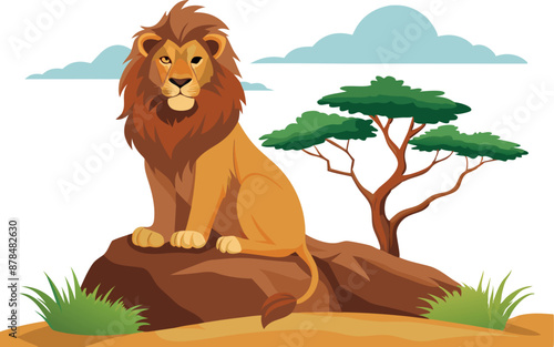 Majestic lion sitting on a rock in African savanna landscape illustration