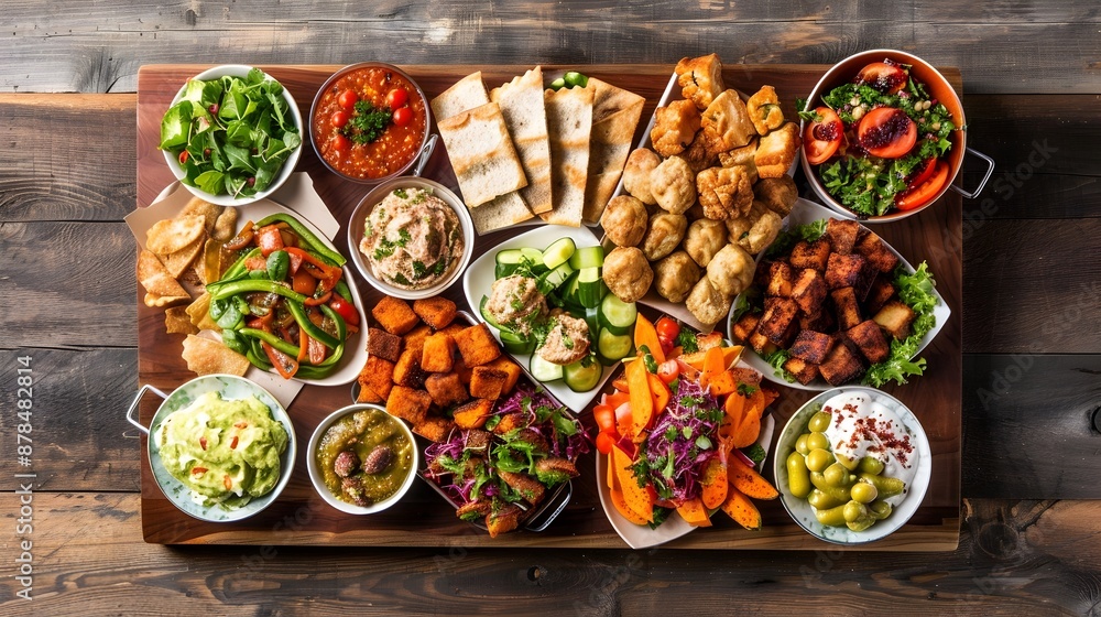 A Vibrant Arrangement of Vegetarian Snacks and Appetizers on a Serving Platter A Vibrant Arrangement of Vegetarian Snacks and Appetizers on a Serving Platter