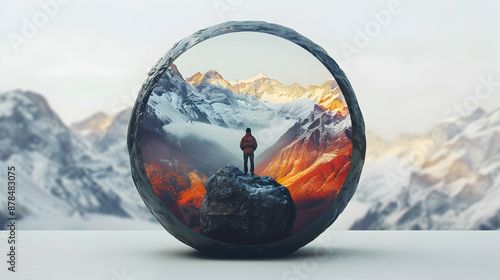 3D Flat Icon of Individual with GoPro Mountain Range and Wide Angle Lens for Adventure Timelapse Photography, Copy Space Included