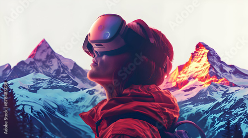 Adventure Timelapse Photography Concept with 3D Flat Icon of Individual and GoPro Mountain Range Overlay on Wide Angle Lens   Copy Space Included on Isolated White Background