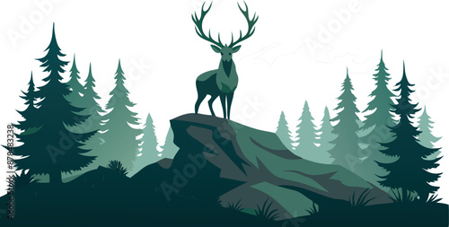 Majestic deer standing on a hill surrounded by a dense forest