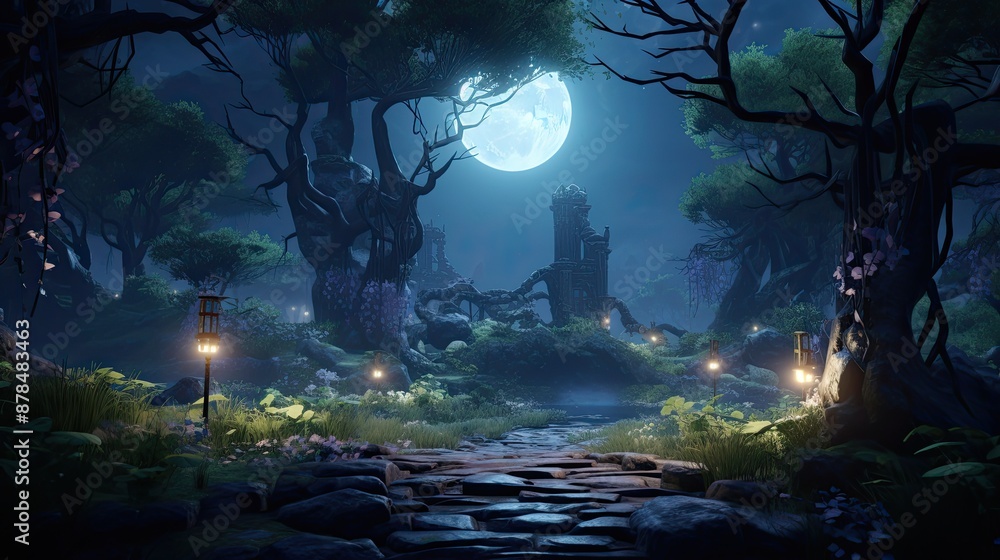 Obraz premium Enchanting Moonlit Forest Path.