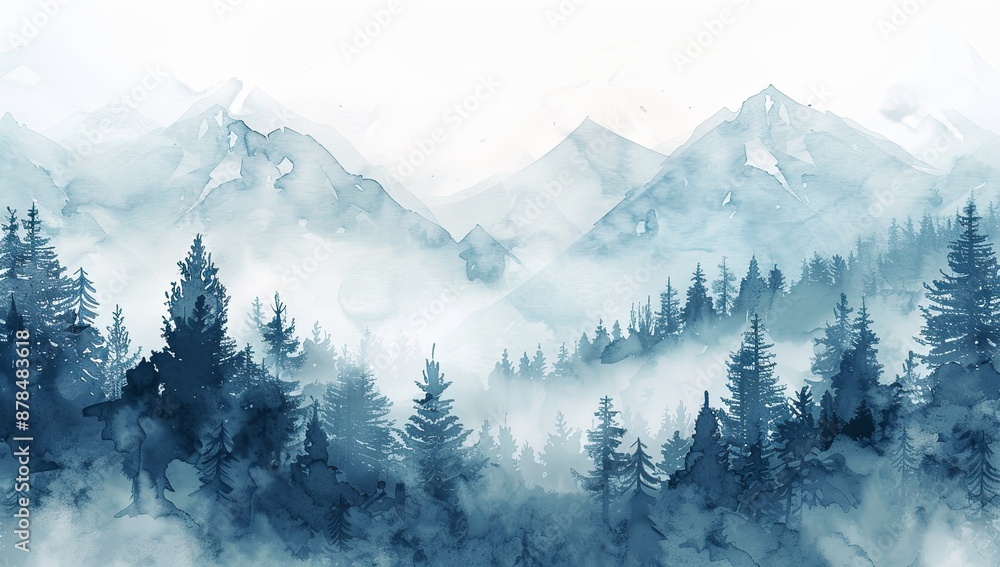 Obraz premium Misty Mountains with Pine Trees in Watercolor Illustration, Featuring a White Background and Blue Color Scheme. Blurred Effect to Convey Mystery in Nature, in the Style of a Romantic Artist.