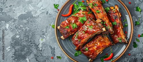 Earthenware plate with Mercon Spicy Ribs has a grainy appearance on a gray backdrop. Focus on dish, copy space image included. photo