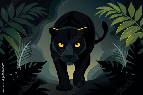 Illustration of a black panther in a jungle setting with intense yellow eyes