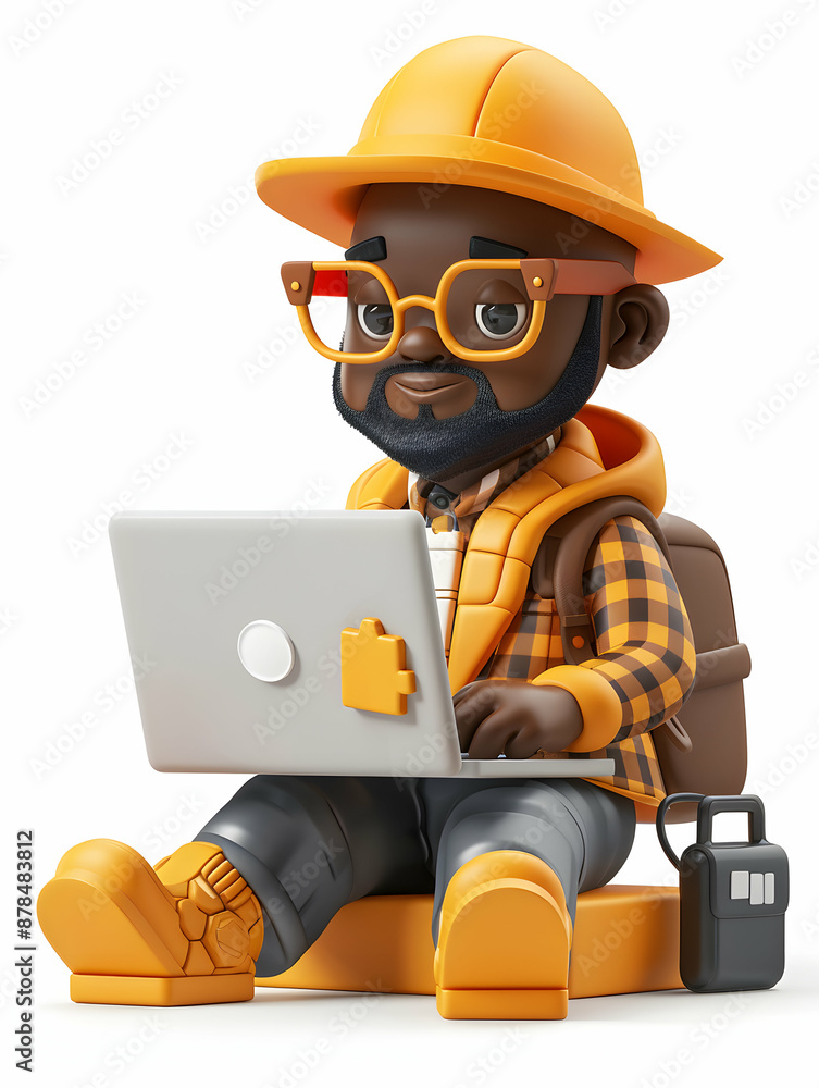 3D Flat Icon: Individual with Laptop Historical Square Power Bank for Remote Work Concept, Copy Space, Isolated on White Background 3D Flat Icon: Individual with Laptop Historical Square Power Bank for Remote Work Concept, Copy Space, Isolated on White Background