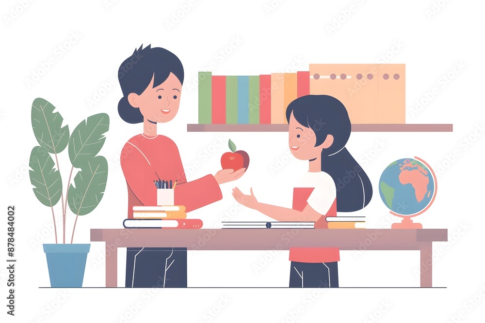 Teacher appreciation, flat design, eye-level angle, pastel colors, minimalist design, teacher handing an apple to a smiling student, books and globes on the desk, cheerful classroom setting Teacher appreciation, flat design, eye-level angle, pastel colors, minimalist design, teacher handing an apple to a smiling student, books and globes on the desk, cheerful classroom setting