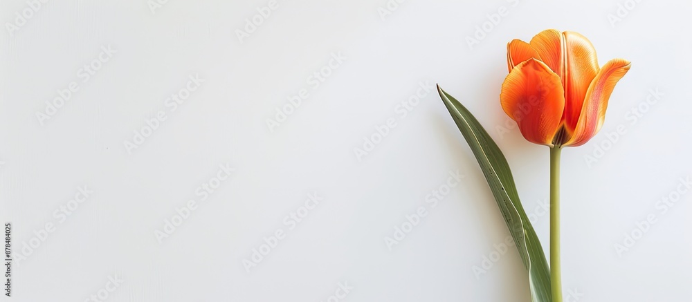 An orange tulip symbolizing spring with room for text for Mother's or Woman's Day on a white background in a flat lay view with a copy space image. An orange tulip symbolizing spring with room for text for Mother's or Woman's Day on a white background in a flat lay view with a copy space image.