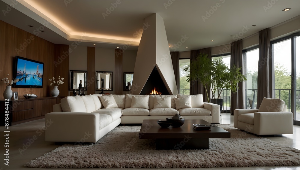 Fototapeta premium A modern living room interior using primarily triangular furnishings ai_generated