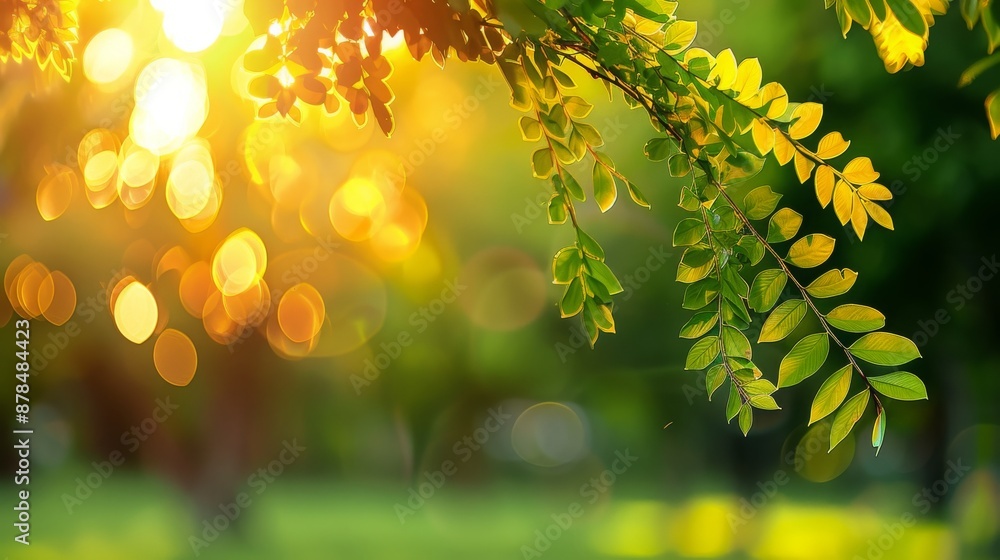 Obraz premium Blur Green Tree Abstract: Summer Park Background with Sunlight - Creative Banner with Copy Space