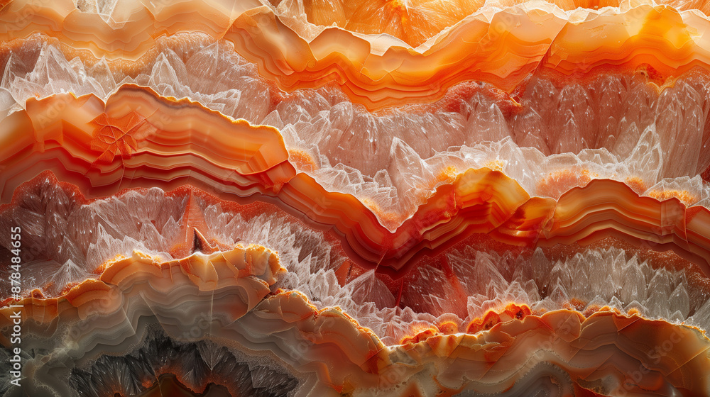 Orange and white carnelian surface with crystals as background for prints. Unique structure Orange and white carnelian surface with crystals as background for prints. Unique structure
