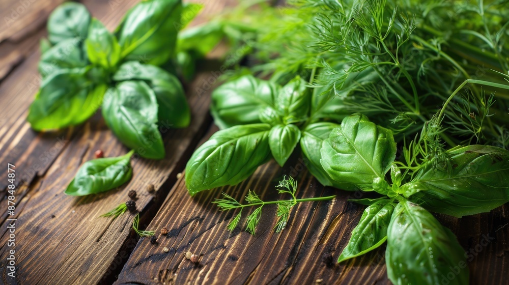 Herbs basil and dill on wooden table vertically Herbs basil and dill on wooden table vertically