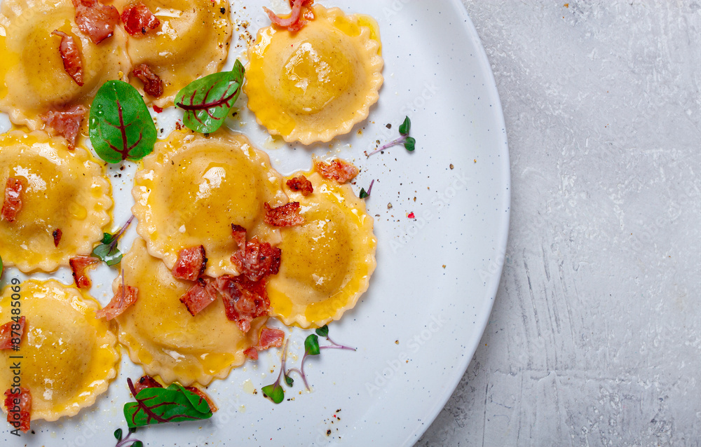 fresh ravioli, with butter, spices and herbs, fried bacon, on the table, top view, light background, no people, fresh ravioli, with butter, spices and herbs, fried bacon, on the table, top view, light background, no people,