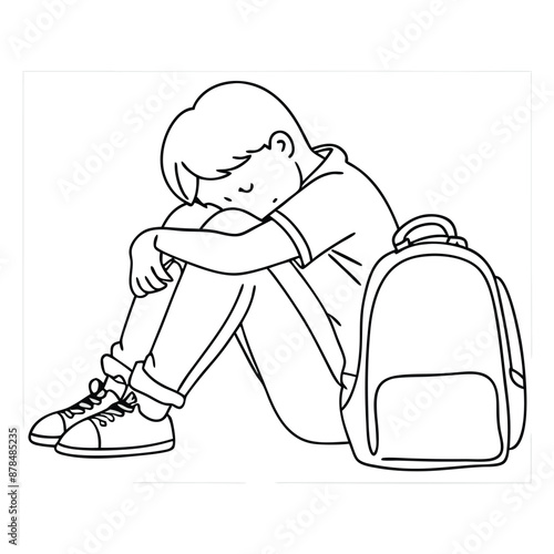 a sad boy with a schoolbag sitting on the floor, line art vector illustration 