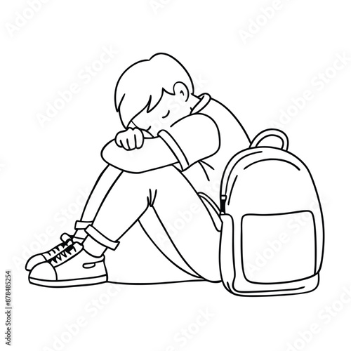 a sad boy with a schoolbag sitting on the floor, line art vector illustration 