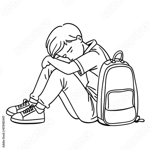 a sad boy with a schoolbag sitting on the floor, line art vector illustration 