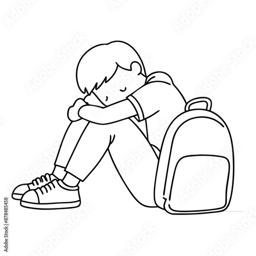 a sad boy with a schoolbag sitting on the floor, line art vector illustration 