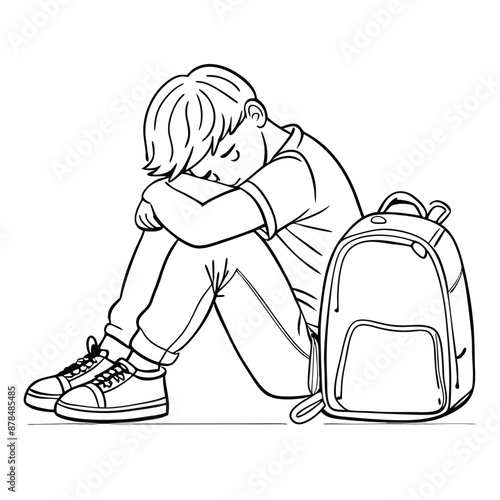 a sad boy with a schoolbag sitting on the floor, line art vector illustration 