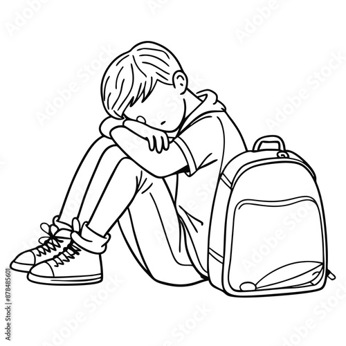 a sad boy with a schoolbag sitting on the floor, line art vector illustration 