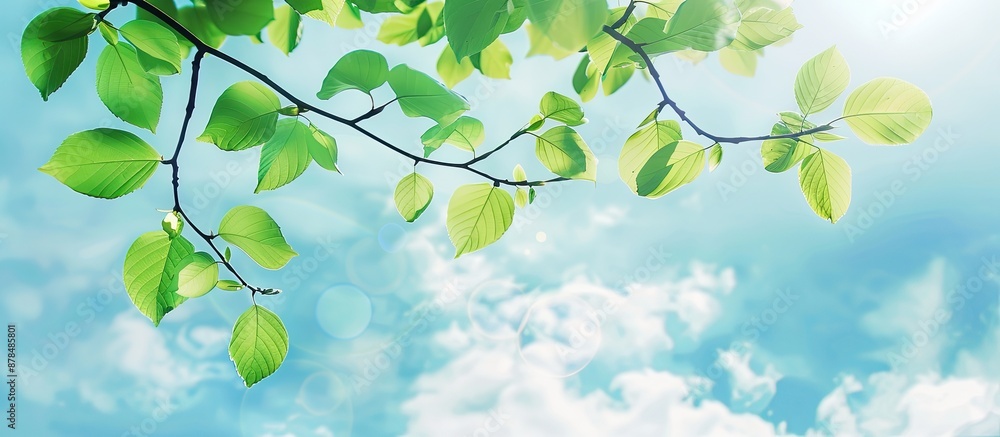 Obraz premium Early summer landscape featuring a branch of fresh green leaves against a blue sky, providing a picturesque copy space image.